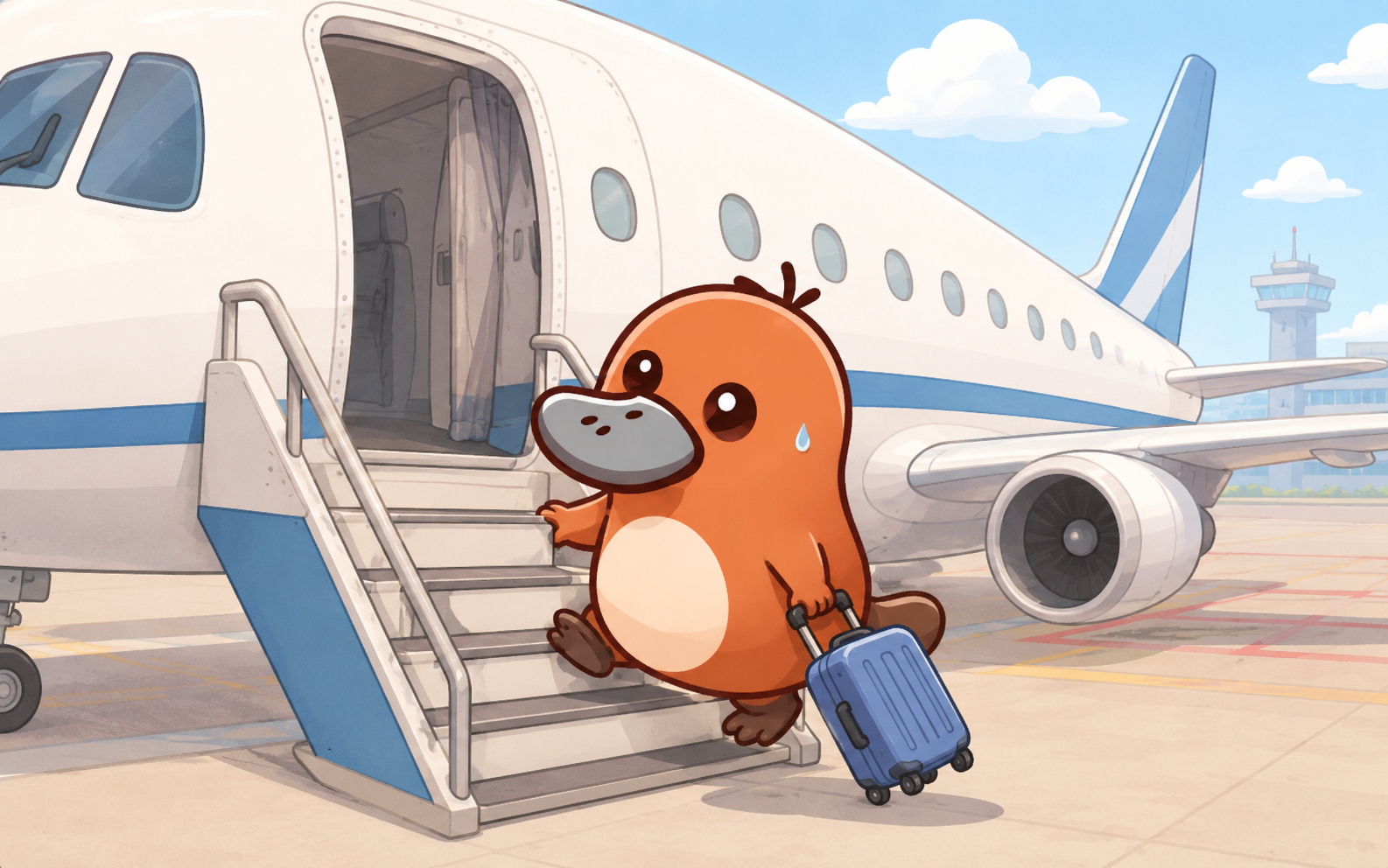 カモノハシがスーツケースを持って飛行機に乗り込む様子