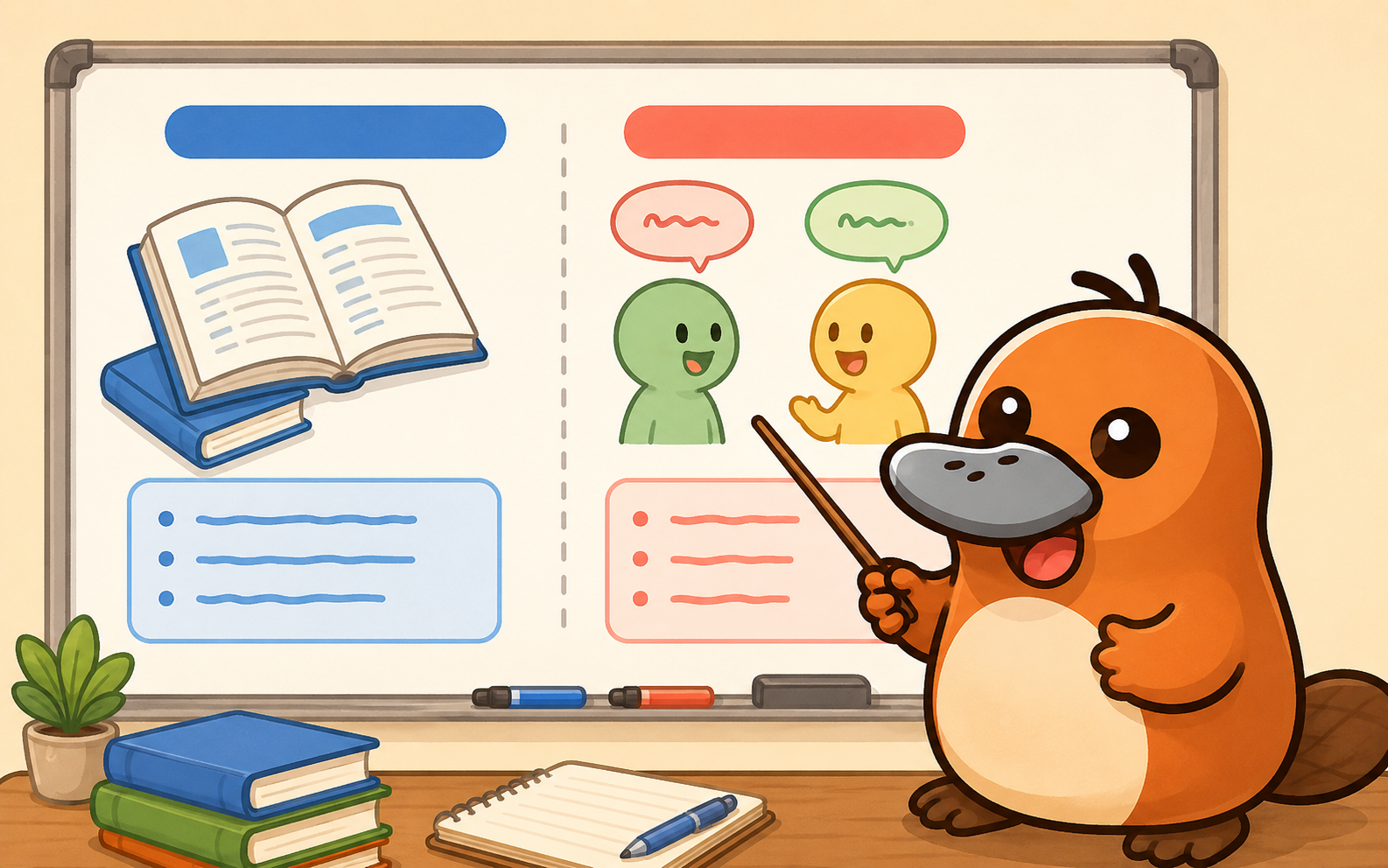 カモノハシがホワイトボードでテスト英語と会話英語の違いを説明している様子