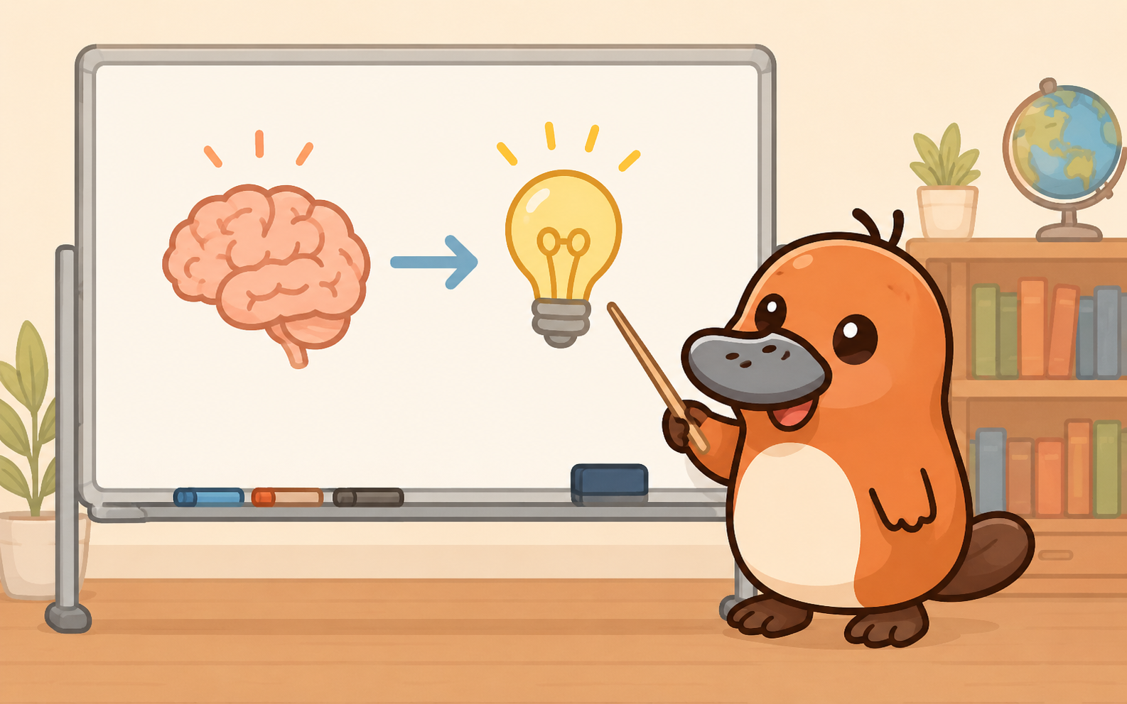 カモノハシがホワイトボードで英語脳について説明している様子