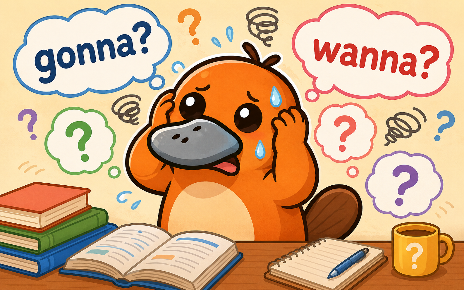 カモノハシが「gonna?」「wanna?」の吹き出しを見て頭を抱えて混乱している様子