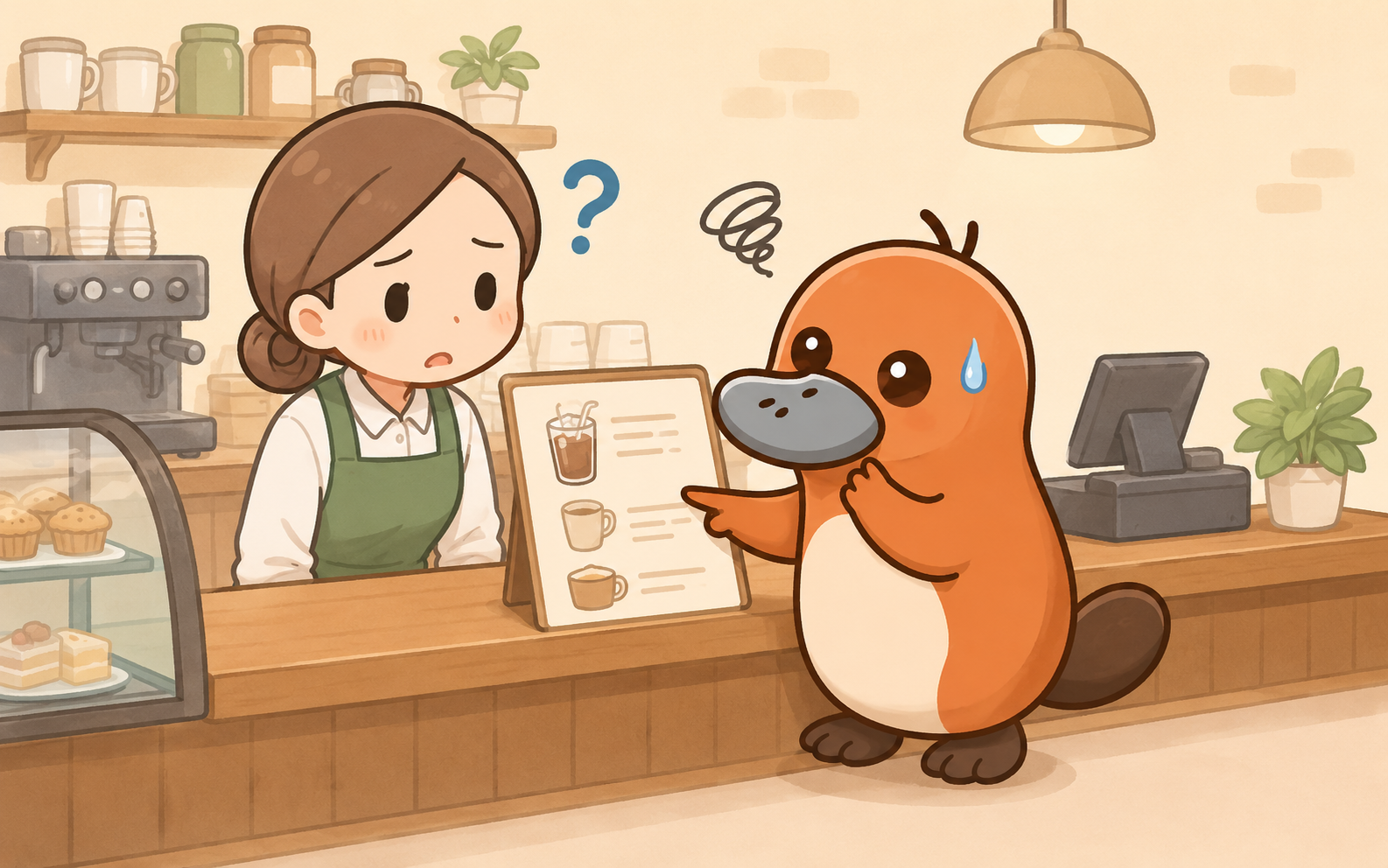 カモノハシがお店のカウンターで困った表情でメニューを指さしている様子