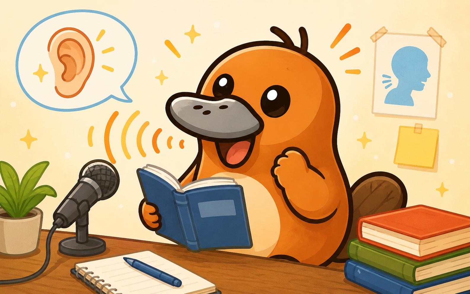 留学初日に先生から発音を褒められるカモノハシのイラスト