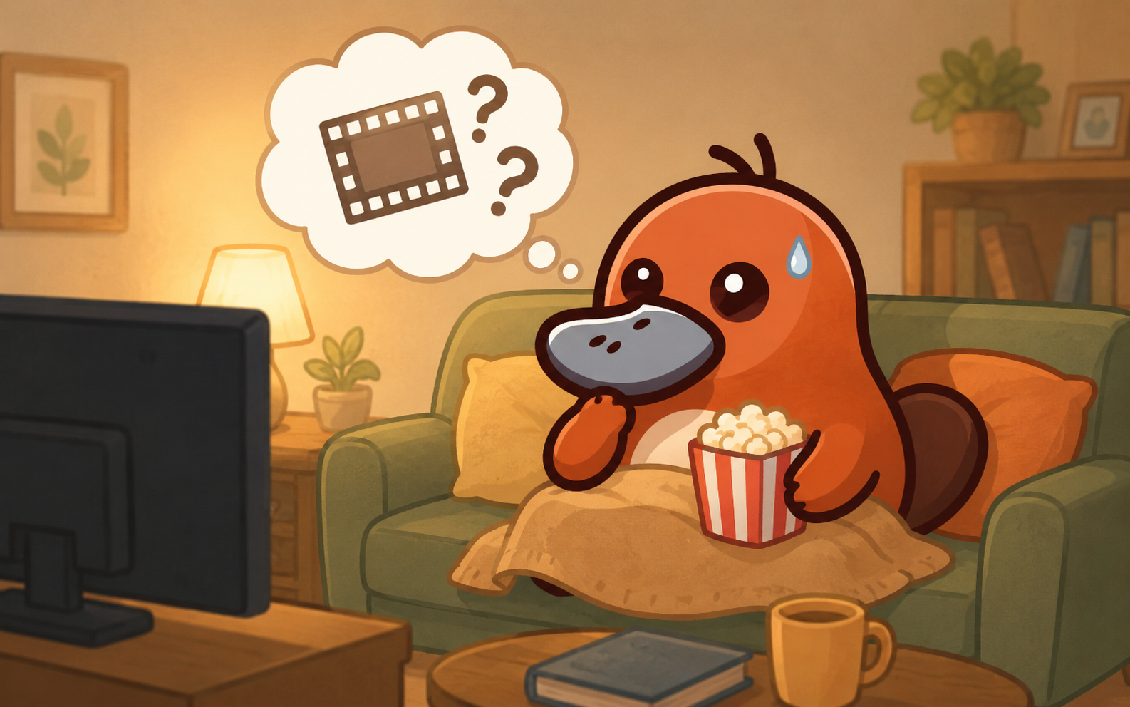 カモノハシがソファで映画を見ながらクエスチョンマークの吹き出しで困惑している