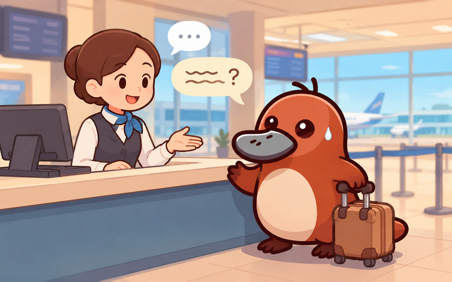 空港のレジで店員に話しかけられて一瞬フリーズしているカモノハシキャラクター