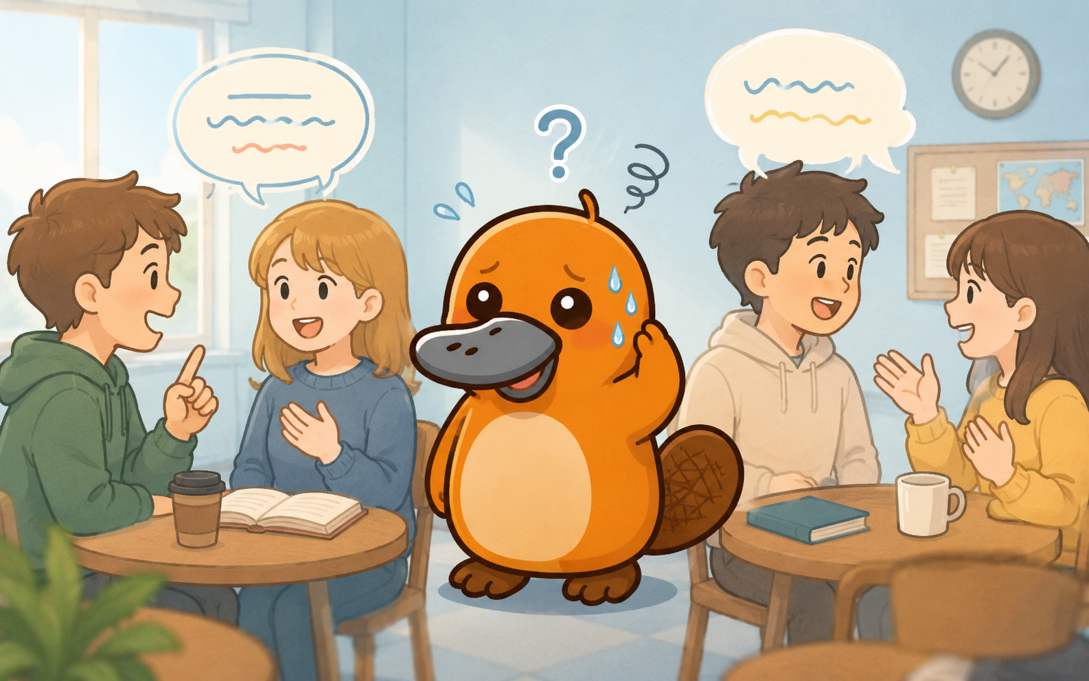 周囲の会話についていけず困惑しているカモノハシキャラクターの挿絵
