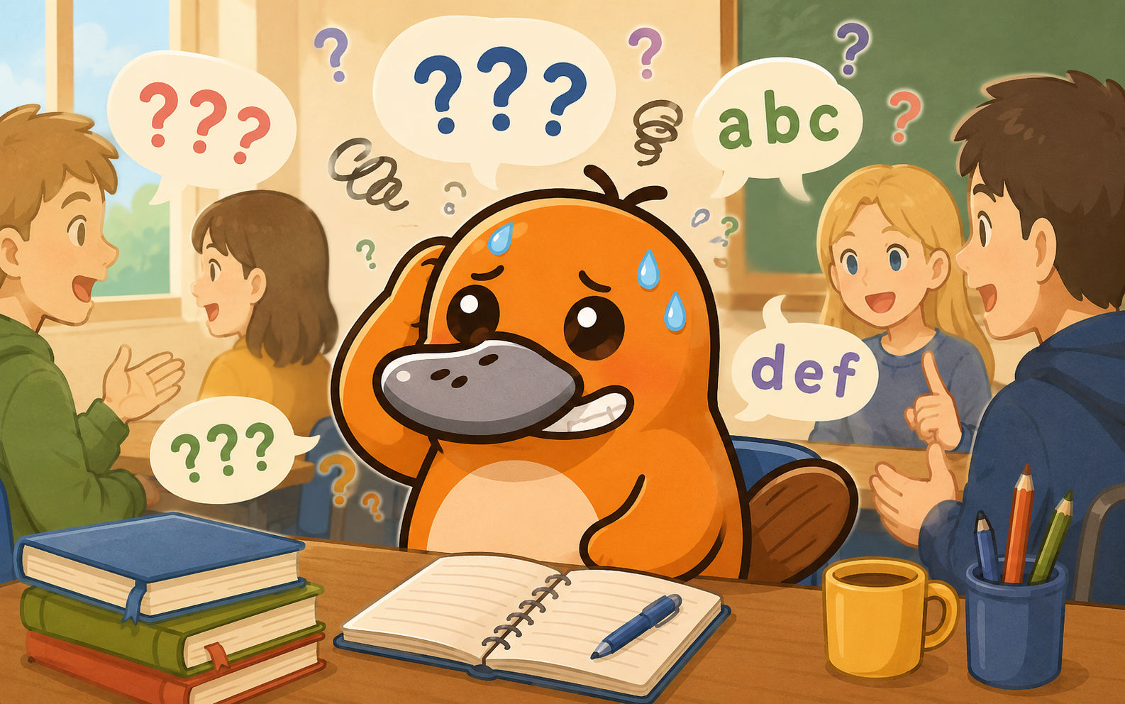 英語を日本語に訳しながら苦労するカモノハシのイラスト