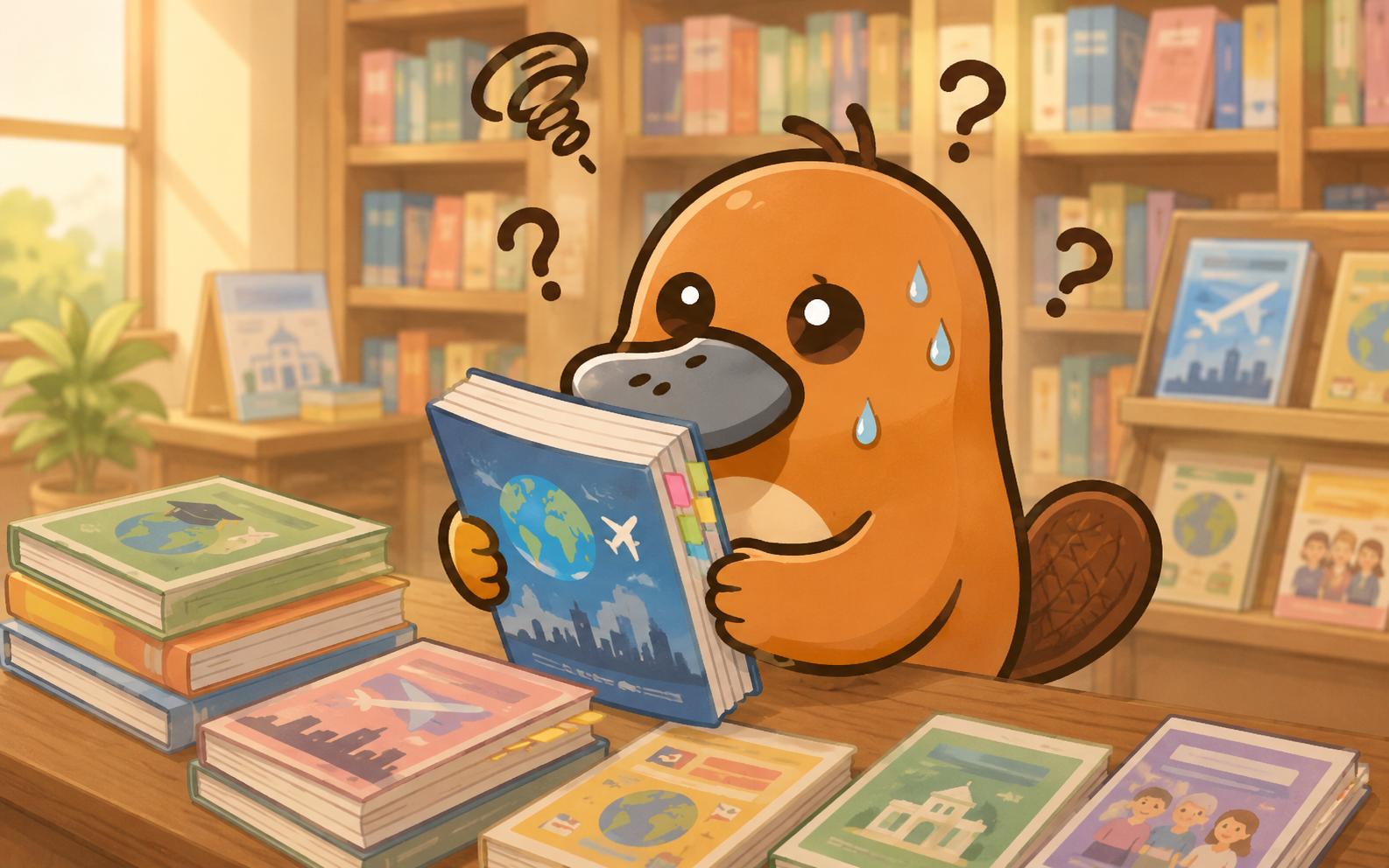 留学ガイドブックを前に困惑するカモノハシのイラスト