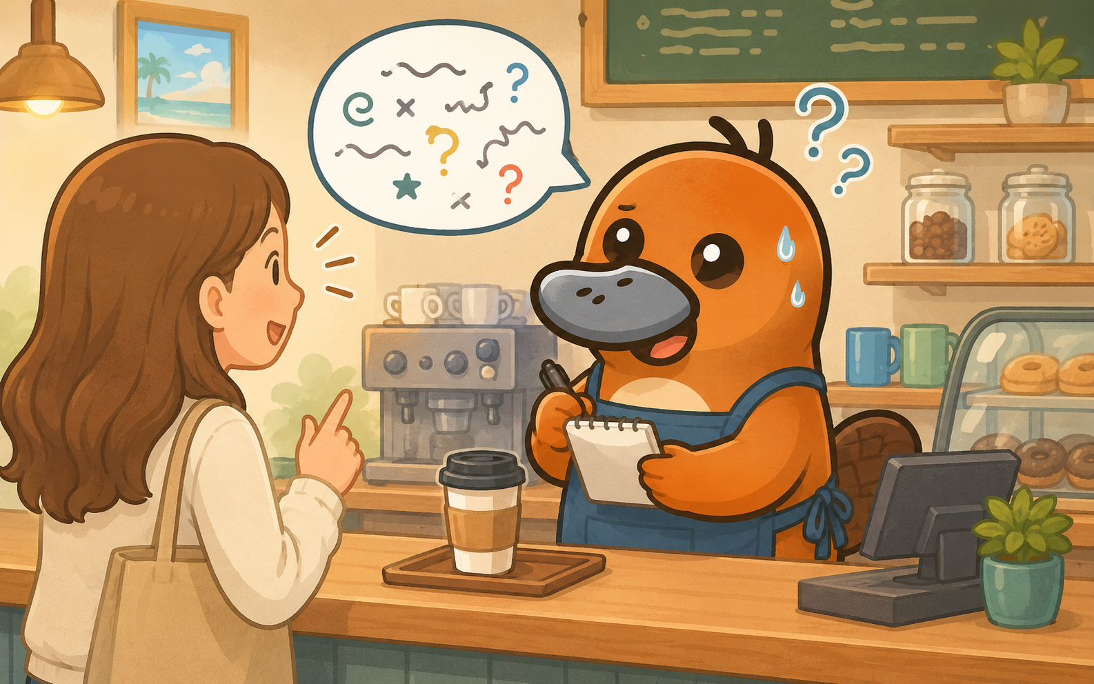 カフェで戸惑いながら接客しようとするカモノハシ