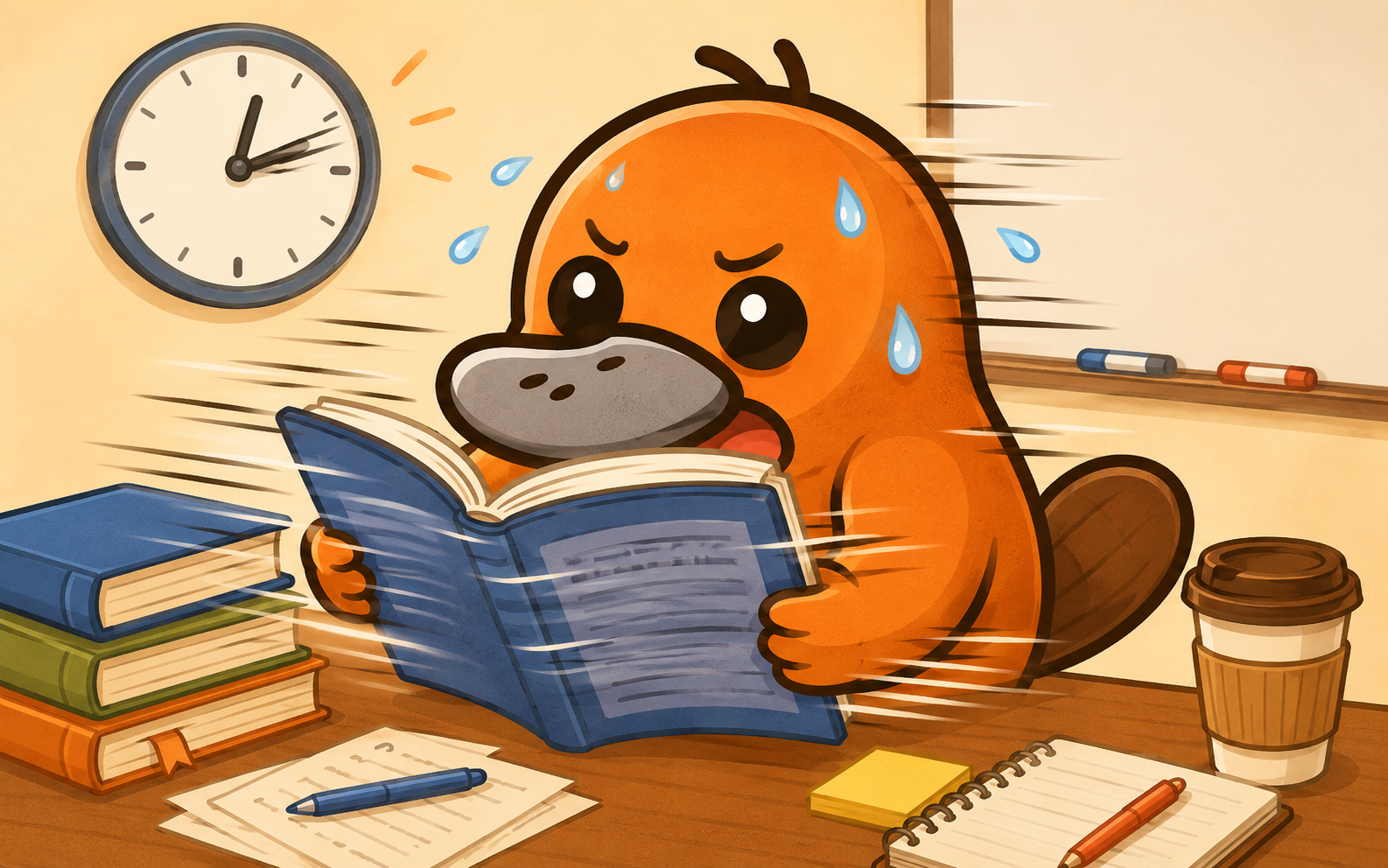 英語の速読で授業についていけず焦るカモノハシのイラスト