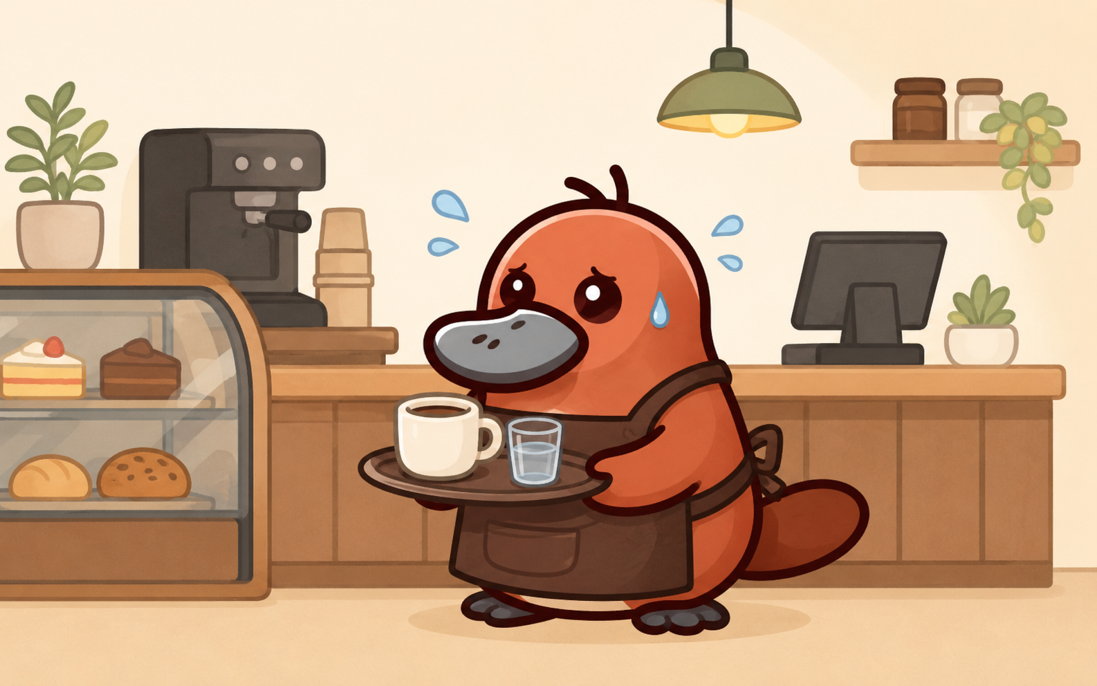 カモノハシキャラクターがカフェのカウンターで緊張しながら働いているイラスト