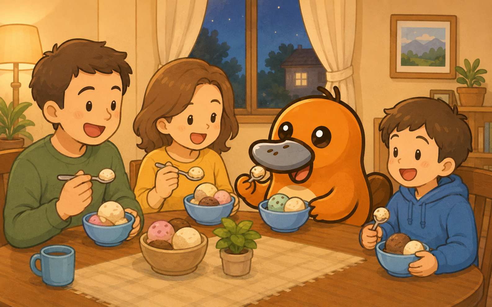 ホームステイで生活するカモノハシのイラスト