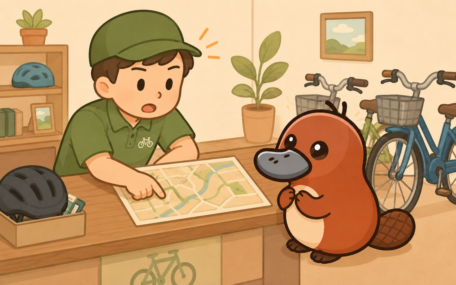 自転車レンタルショップで店員が地図を指差しながら安全な道を教えてくれる場面でカモノハシキャラクターが感謝そうに聞いている