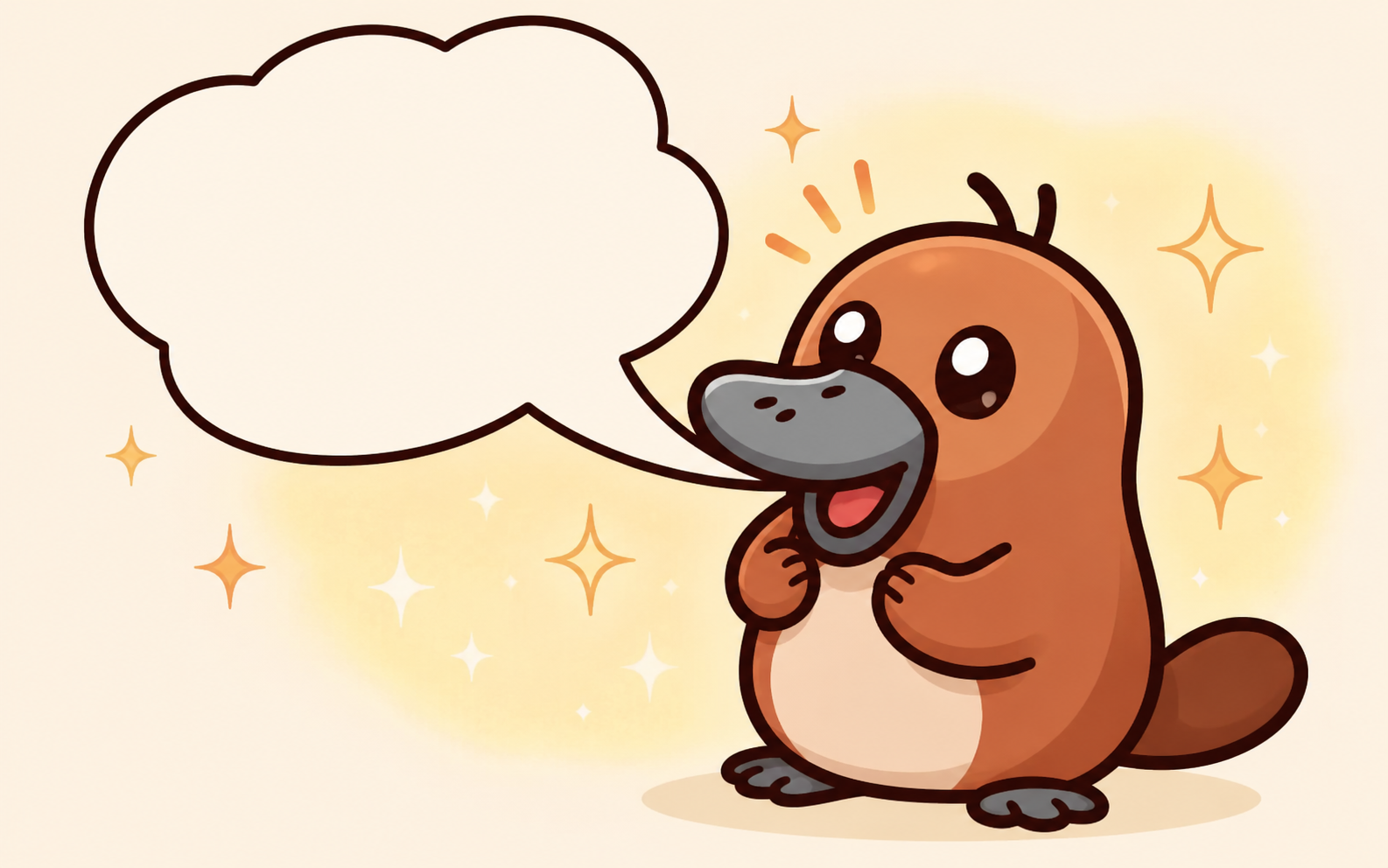 カモノハシキャラクターが驚きと喜びで目を見開き、口から大きな吹き出しが出ているイラスト