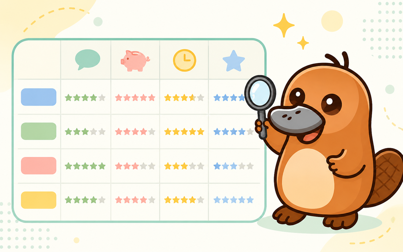 比較表の前でおすすめを紹介するカモノハシキャラクターの挿絵