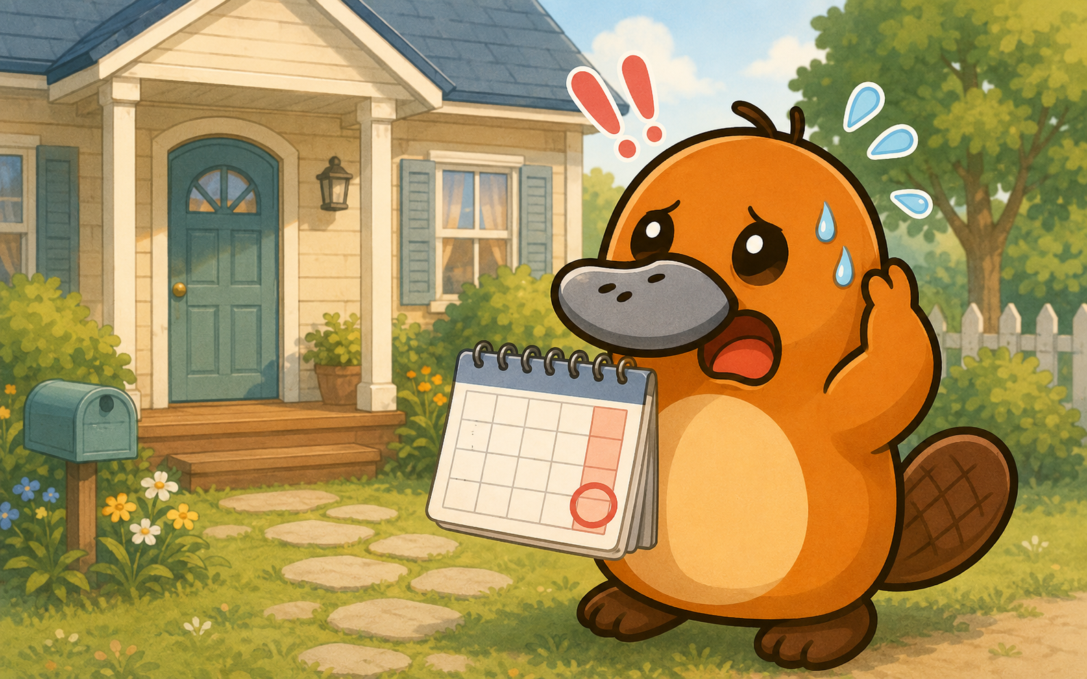 ホームステイ終了を知って焦るカモノハシのイラスト