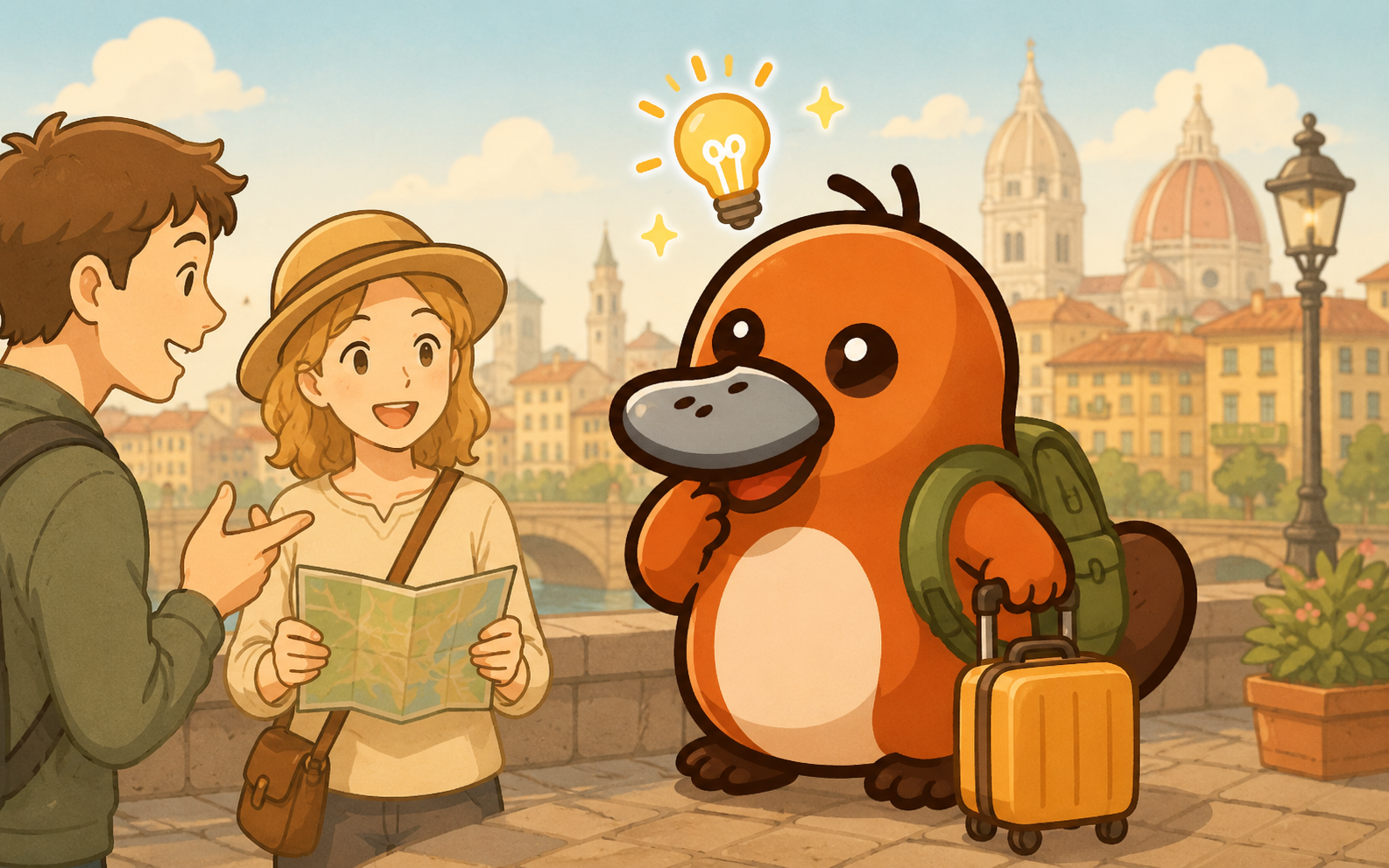 カモノハシが旅行中にひらめきの表情で意外と英語が使えると気づいている