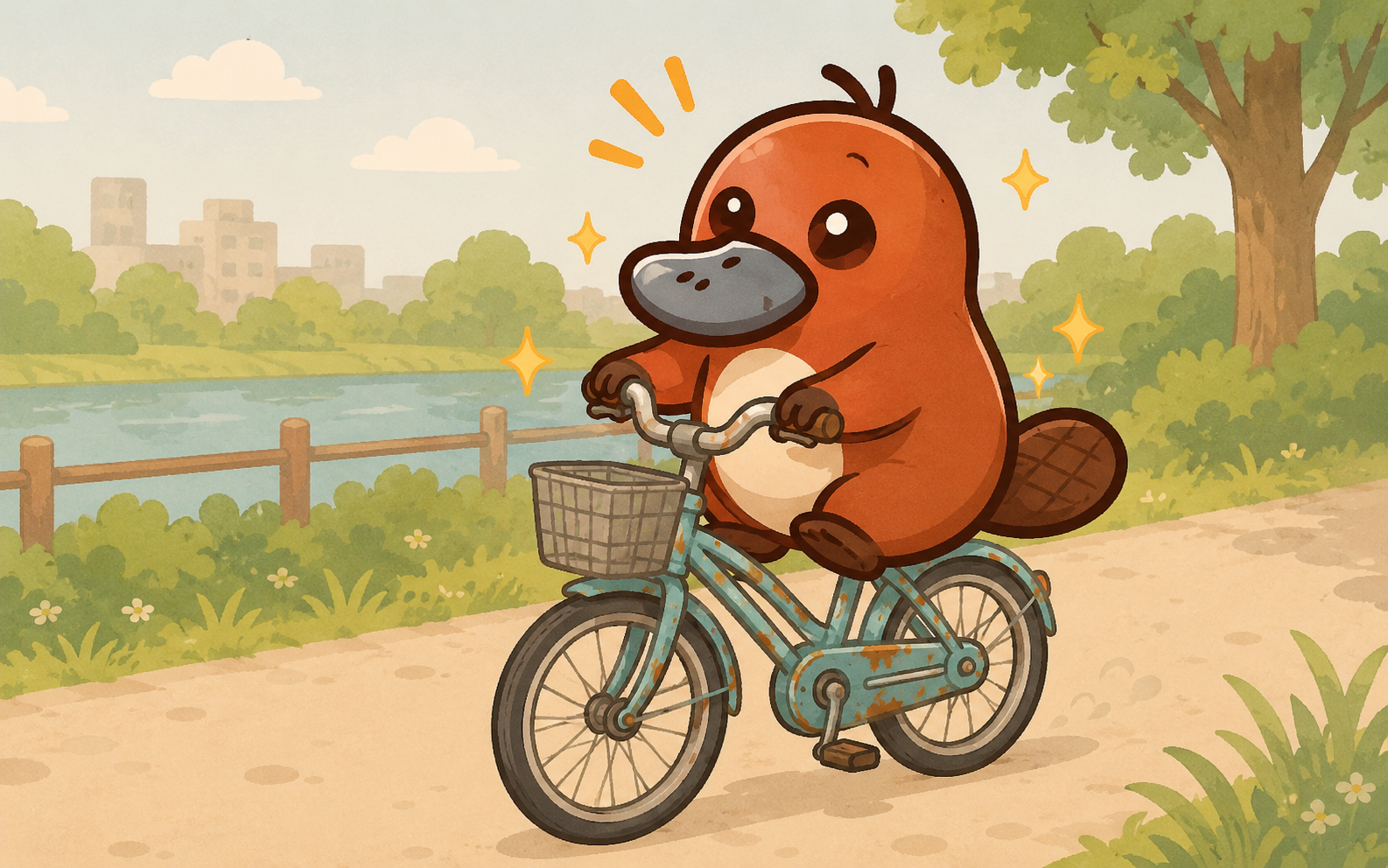 久しぶりに自転車に乗って「あ、乗れる！」と嬉しそうな顔をしているカモノハシキャラクター