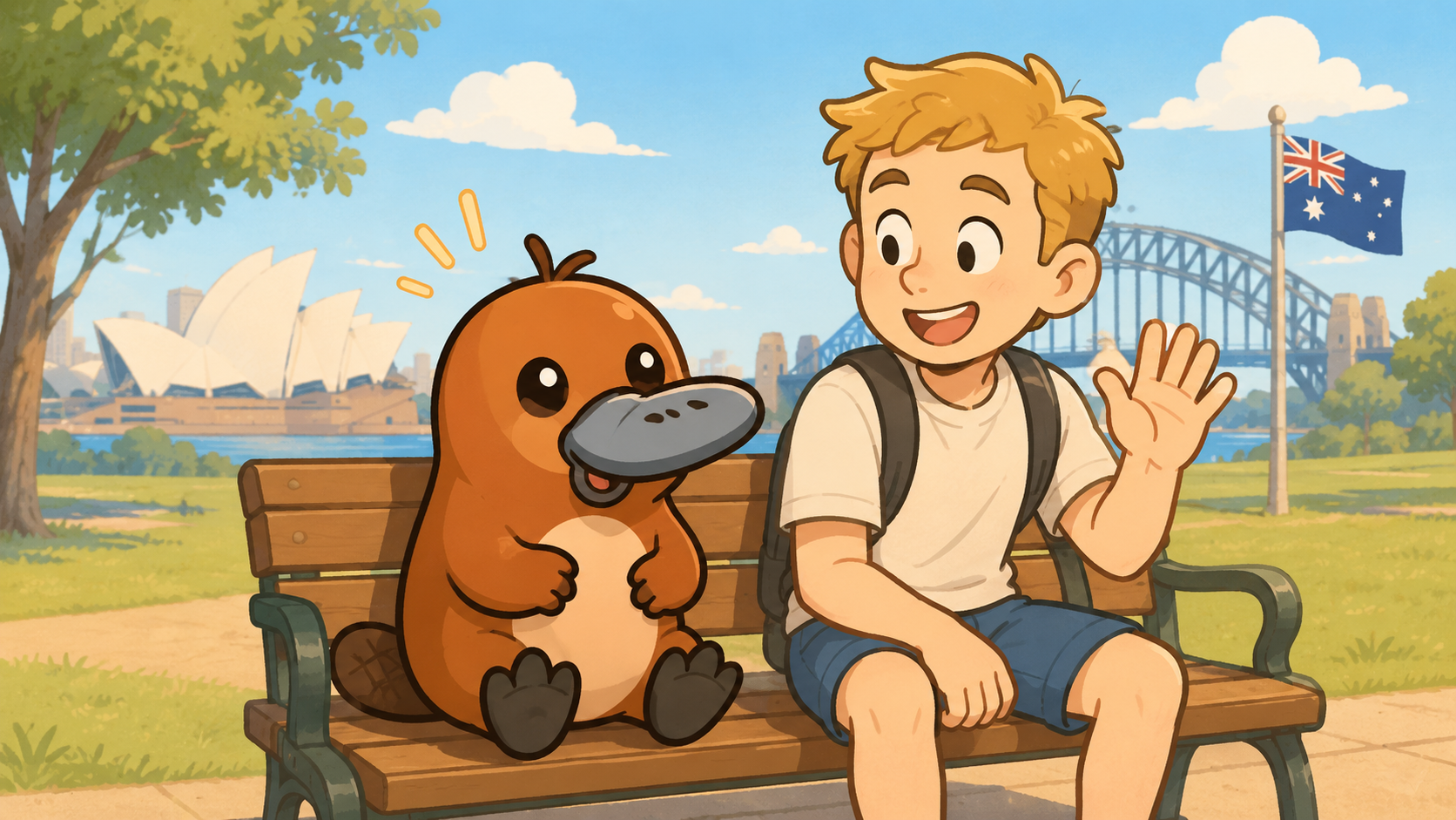 公園のベンチで突然話しかけられて固まっているカモノハシのイラスト