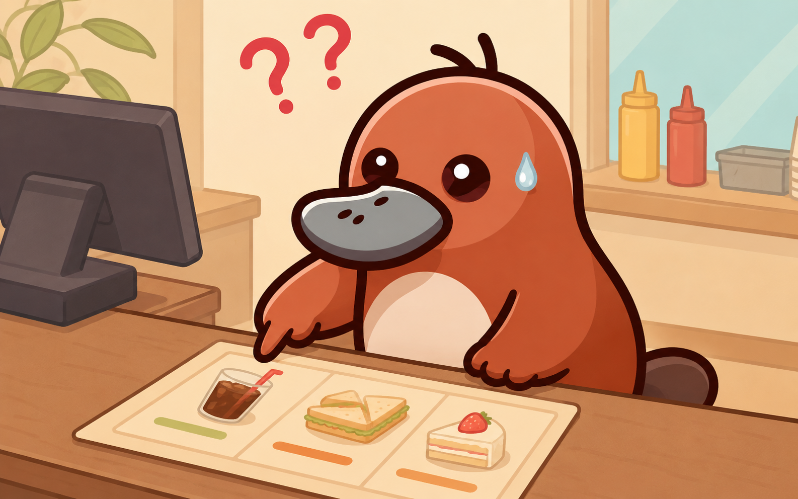 お店のカウンターでメニューを指さして困っているカモノハシのイラスト