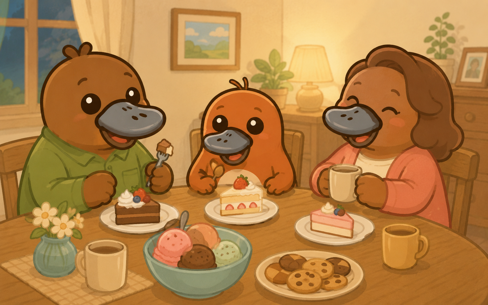 ホストファミリーと温かい夕食を囲んでいるカモノハシのイラスト