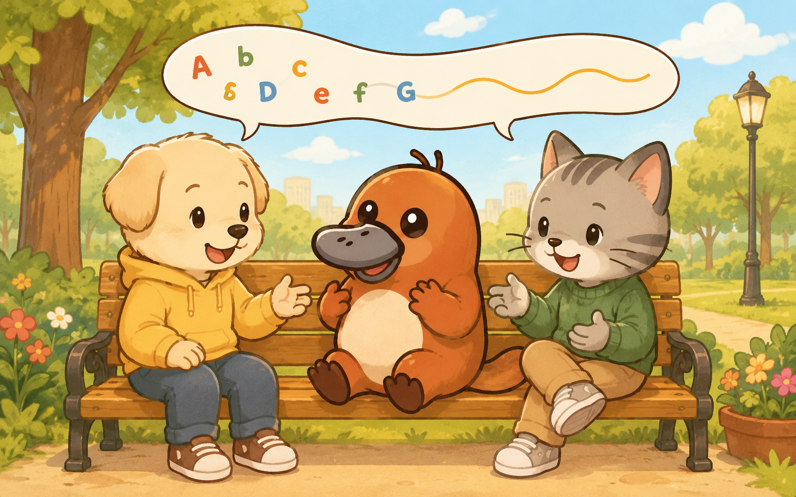公園のベンチで友人と話すカモノハシキャラクター
