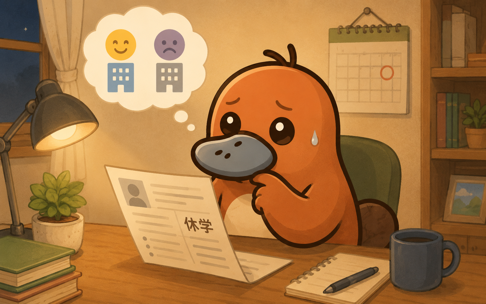 休学の経歴を前に不安な表情で悩むカモノハシのイラスト
