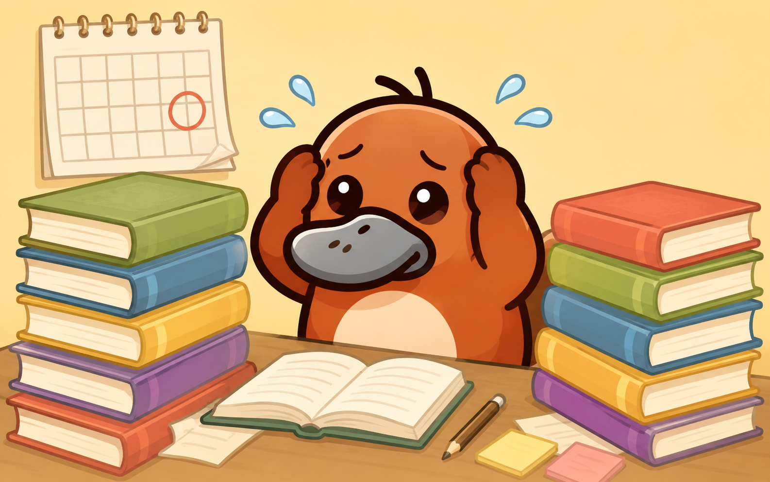 机でパニック状態になり積み重なった教科書に囲まれるカモノハシキャラクター