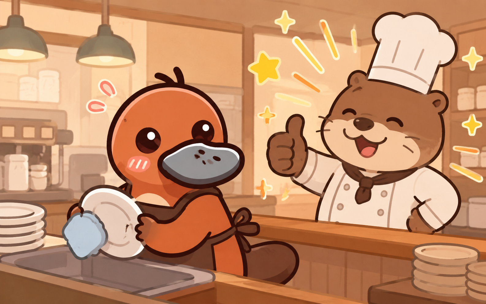 アルバイト中に上司から大げさに褒められて照れているカモノハシのイラスト