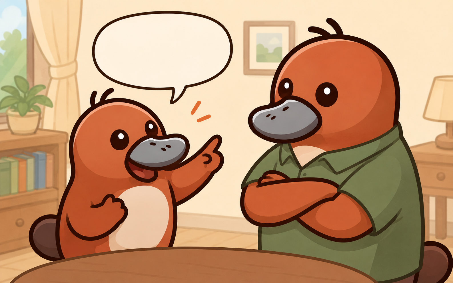必死に英語で気持ちを伝えているカモノハシのイラスト。「話せてる!」という気づきの瞬間