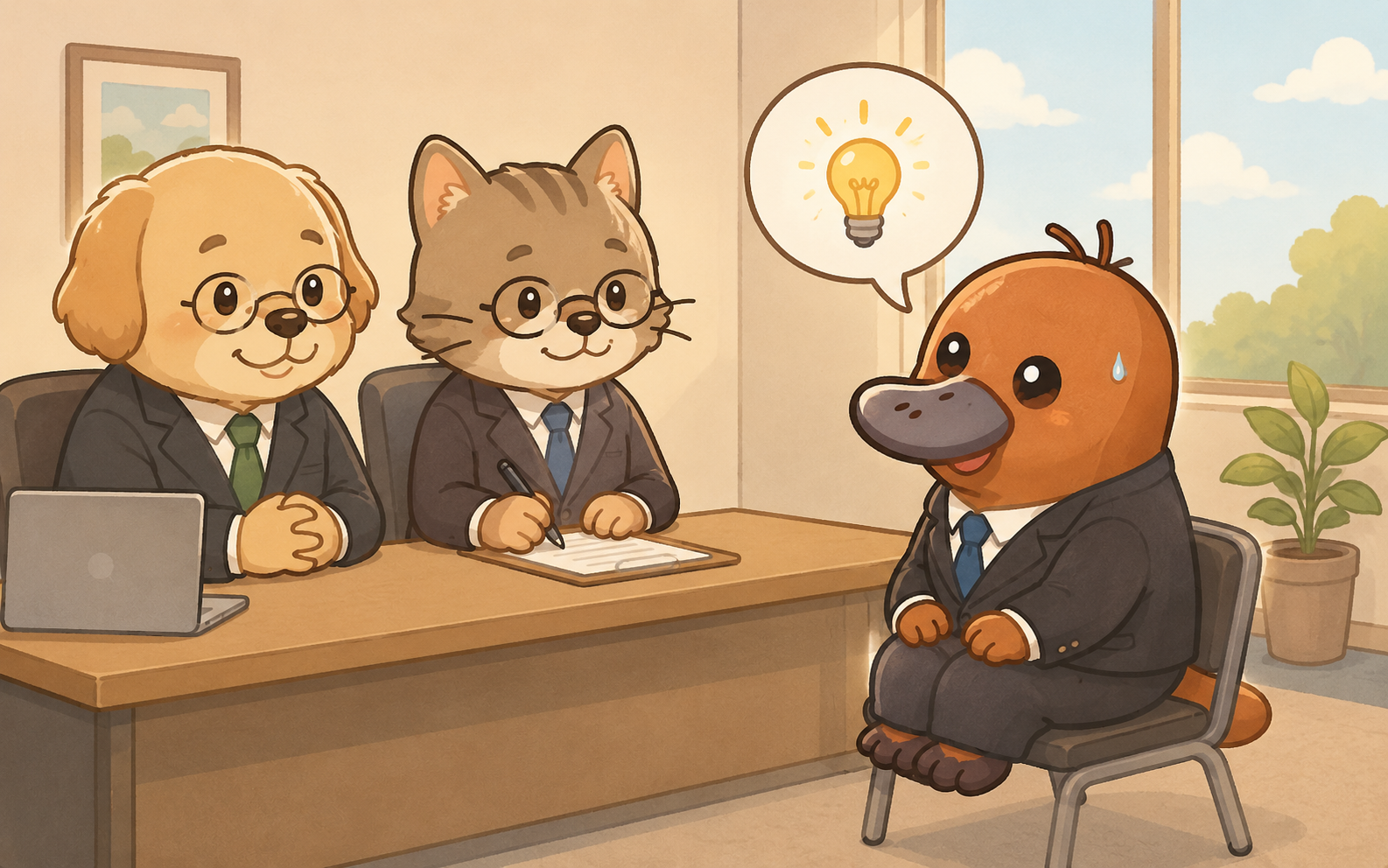 面接官に緊張しながら正直に答えるカモノハシのイラスト