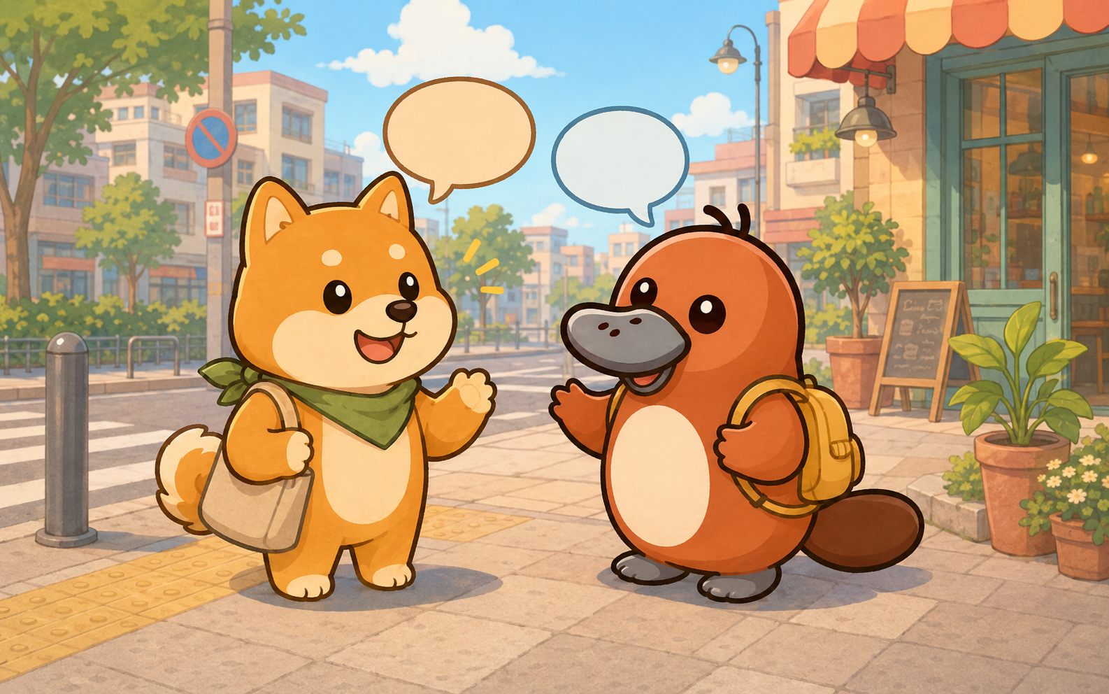 帰国後、知らない人とも自然に会話できるようになった様子のカモノハシのイラスト