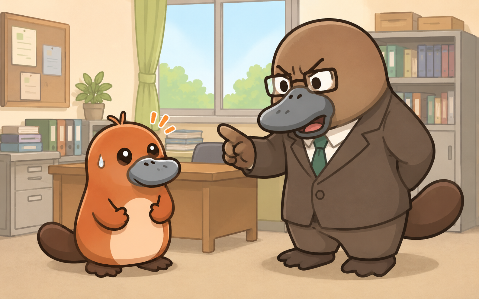 職員室で教頭キャラに叱られている驚き顔のカモノハシ
