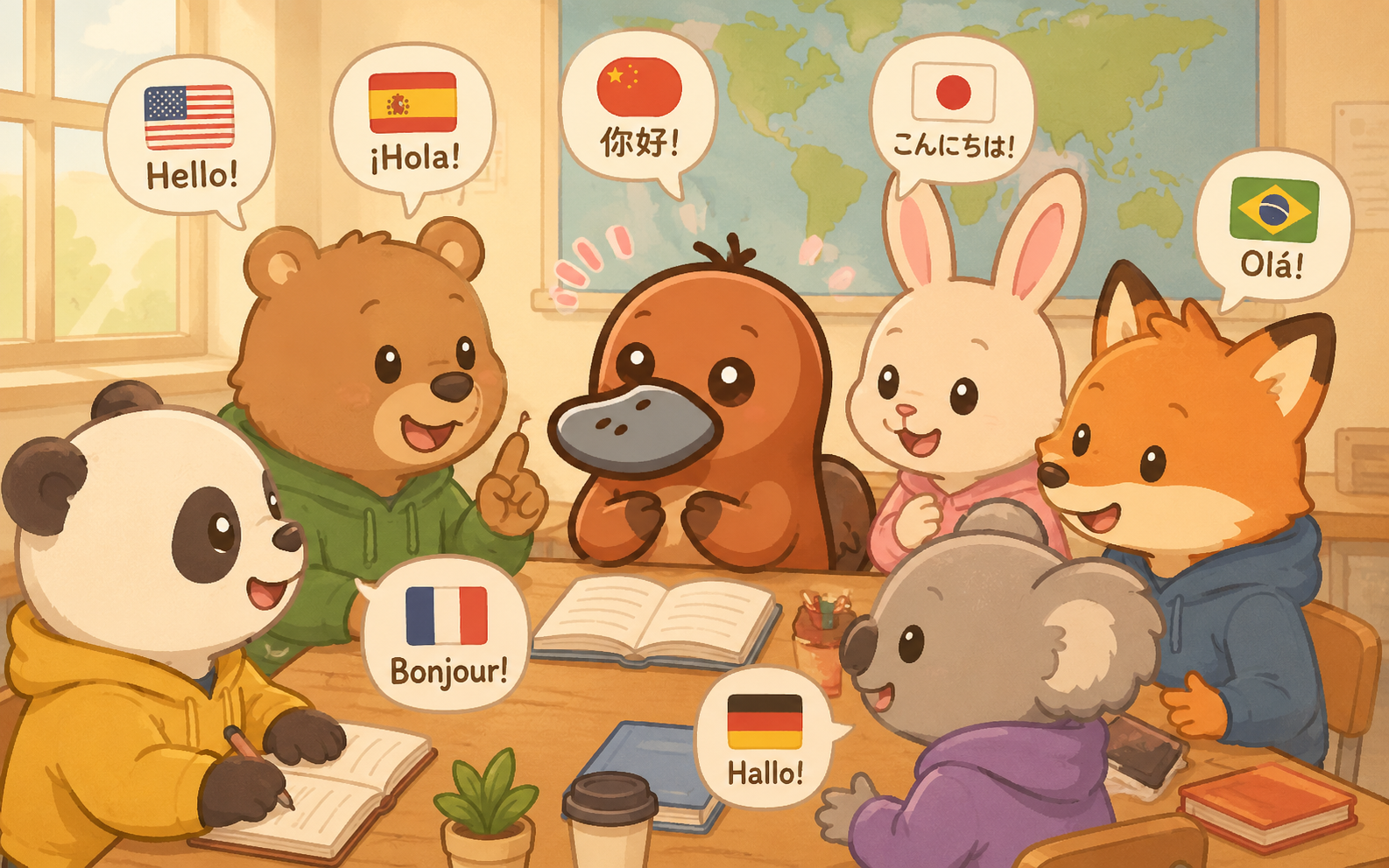世界中から来たクラスメートたちと楽しく交流しているカモノハシのイラスト