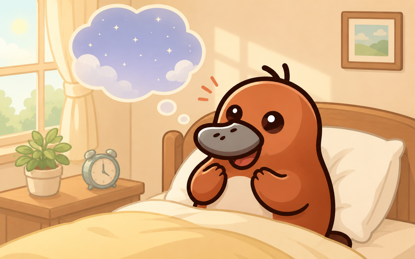 ベッドで目覚めて英語の夢を見たことに気づき嬉しそうにしているカモノハシのイラスト