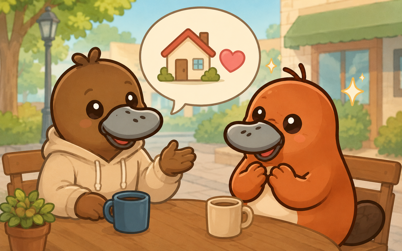 先輩に相談して次の住まいが見つかり安心しているカモノハシのイラスト