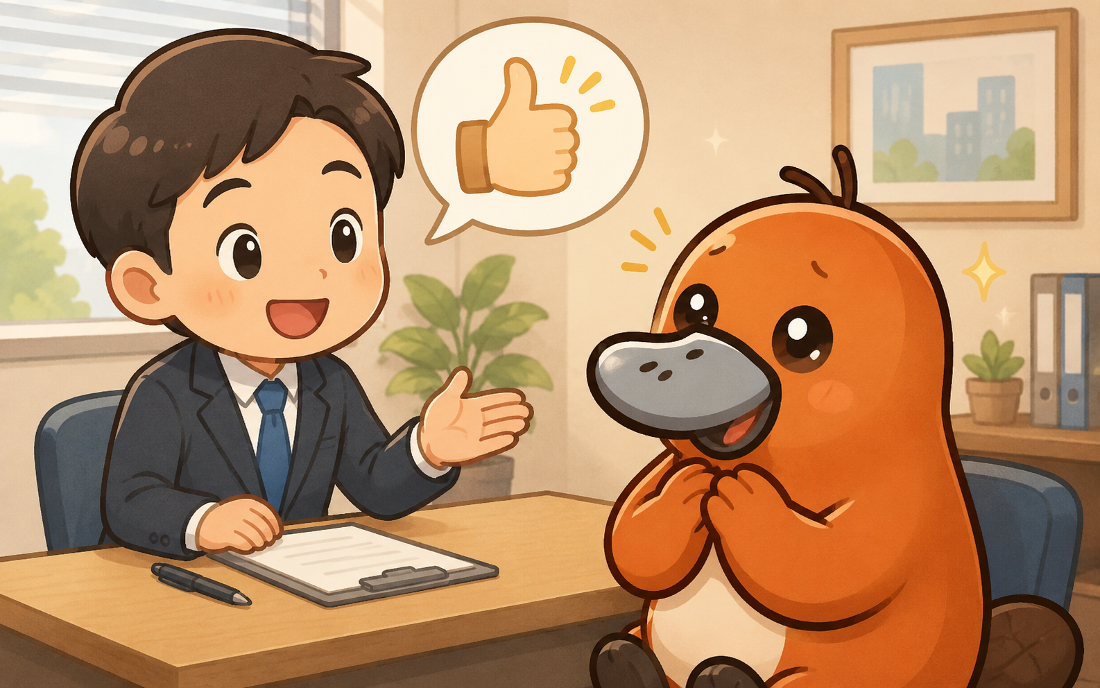 面接官の好反応に驚き喜ぶカモノハシのイラスト