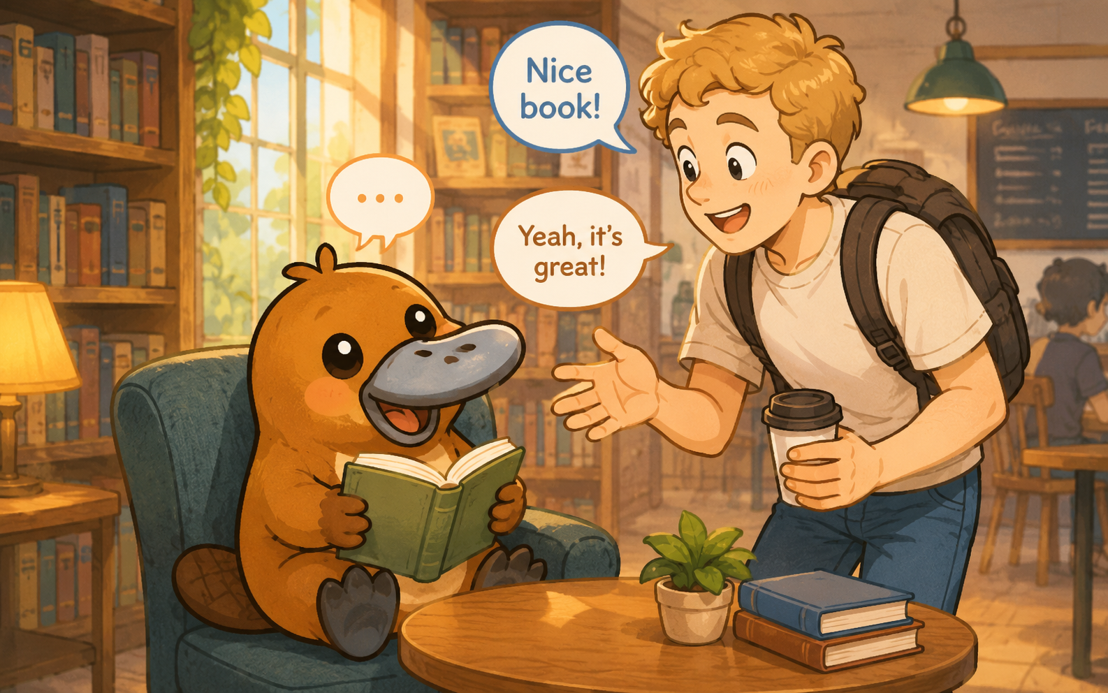 図書館でくつろぎながら見知らぬ人と英語で楽しく話しているカモノハシのイラスト