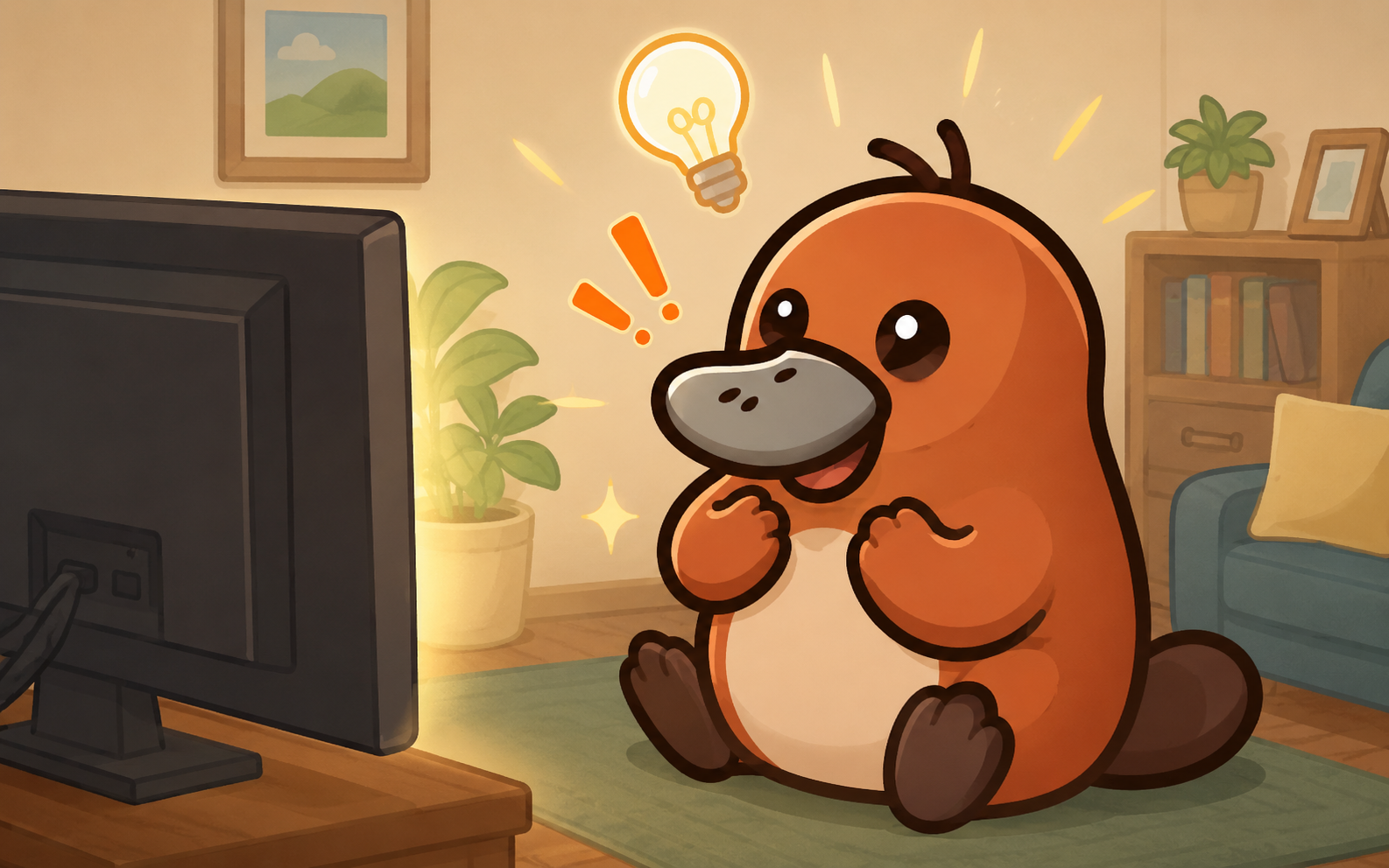 テレビの前で突然英語が聞き取れた!と気づいて驚くカモノハシのイラスト