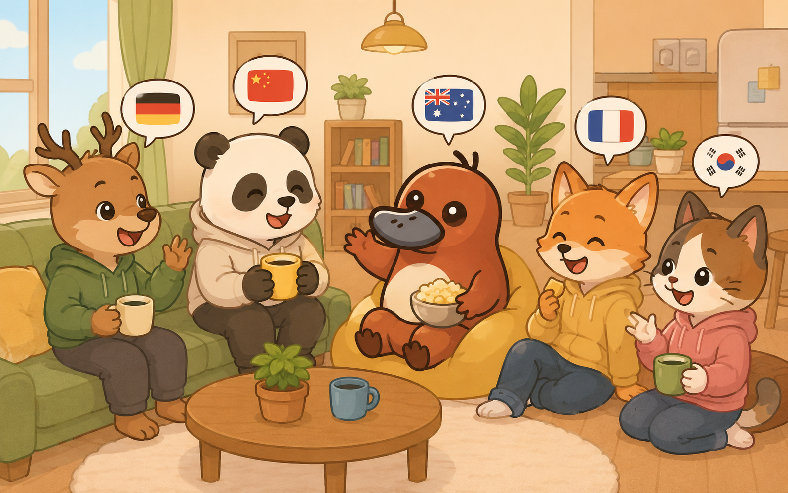 多国籍なシェアメイトたちと自由にくつろいでいるカモノハシのイラスト