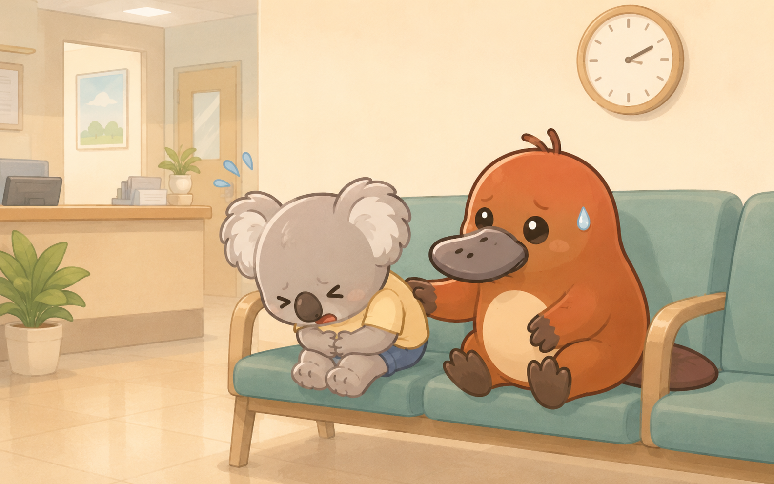 病院の待合室で苦しむ友達の背中をさするカモノハシのイラスト