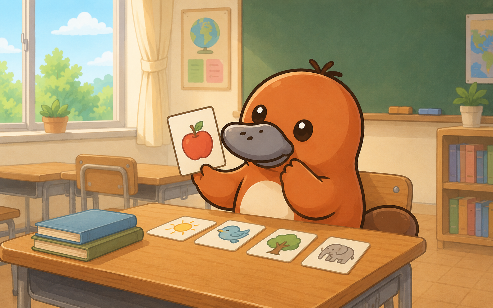 机で絵の単語カードを手に、日本語を挟まない授業を思い描いて前向きに微笑むちょびガンバ