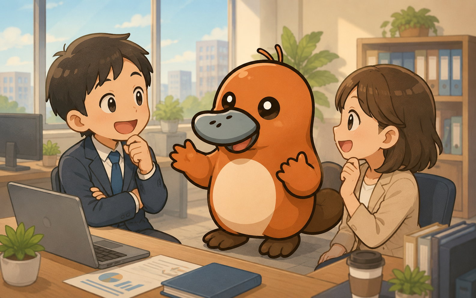 職場で同僚と生き生きと働くカモノハシのイラスト