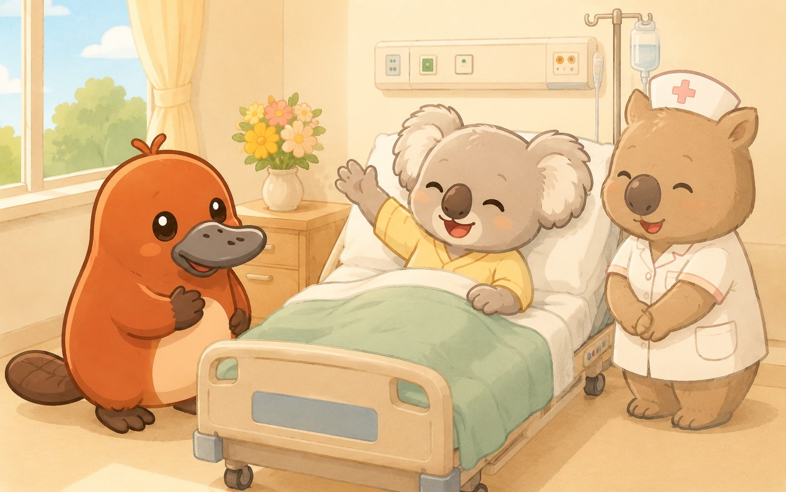 回復した友達がベッドで笑顔になり、安心するカモノハシのイラスト
