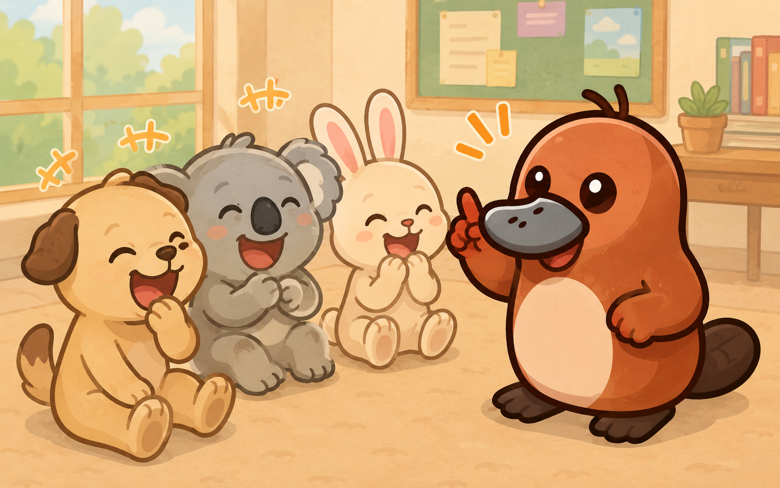 冗談を言って友達キャラクターたちを笑わせているカモノハシのイラスト