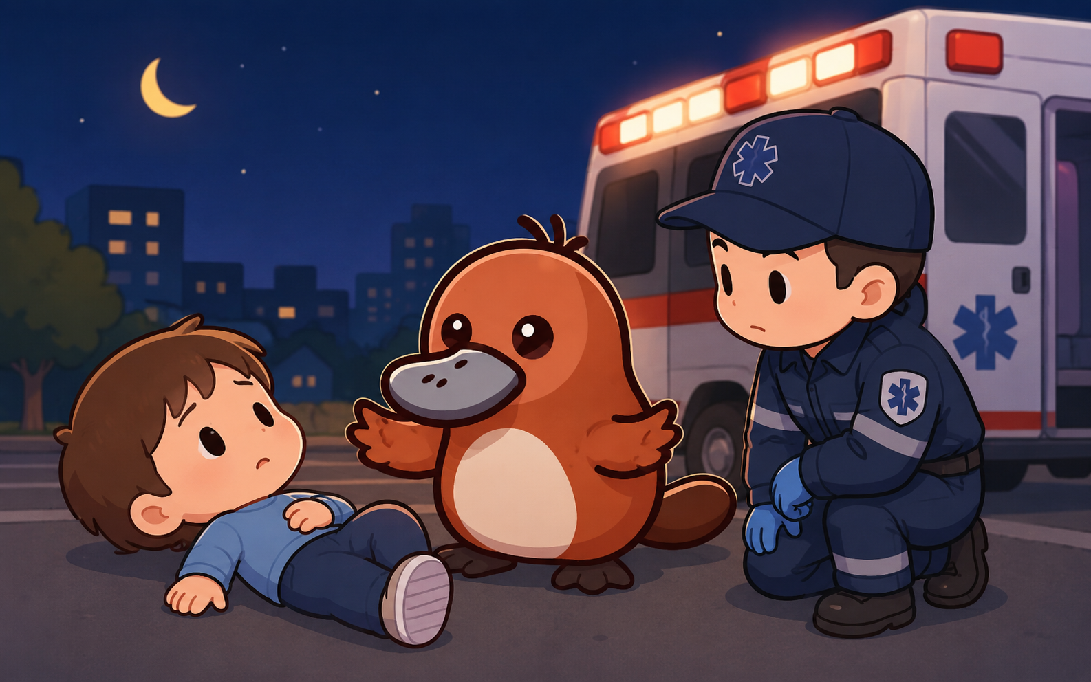 救急隊員と倒れた友達の間に立って通訳しているカモノハシのイラスト