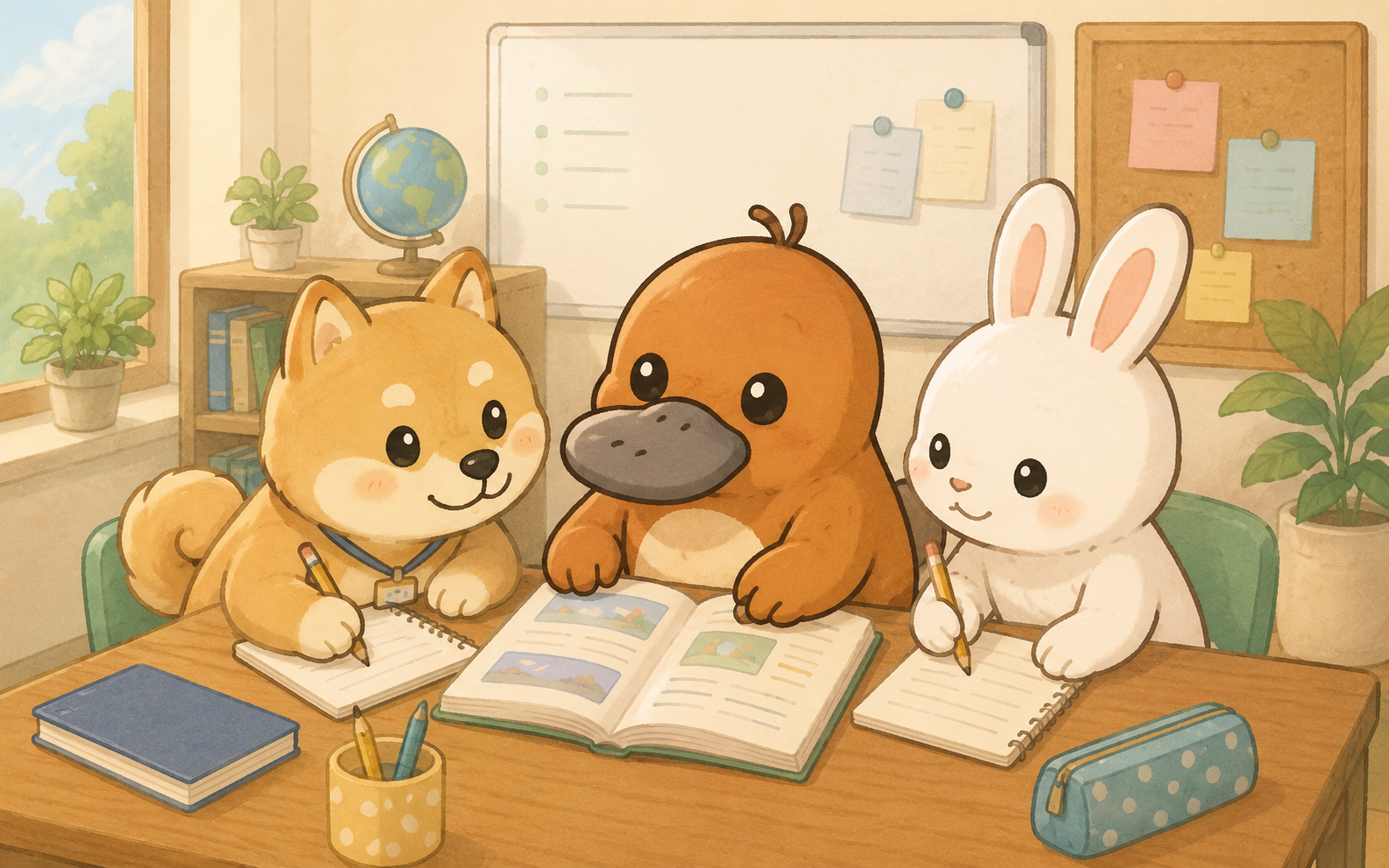 明るい教室で、日本人クラスメート役の柴犬・うさぎとノートを見せ合いながら支え合うちょびガンバ