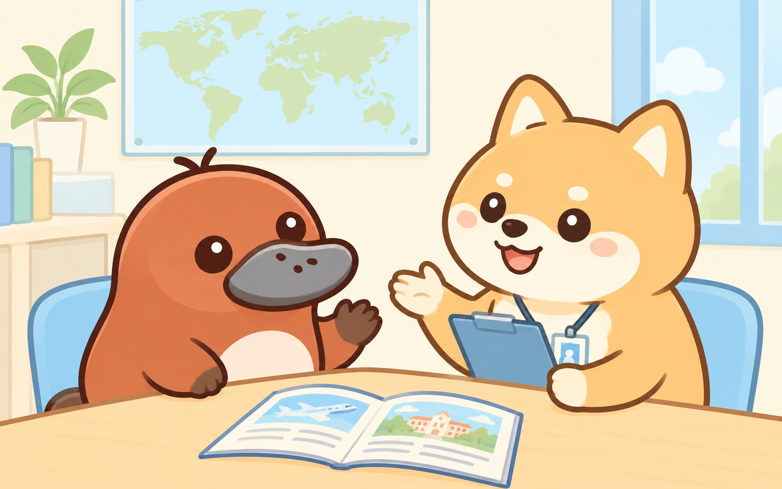 カウンセラー役の柴犬から質問を受け、留学の希望を一つずつ答えていくちょびガンバ